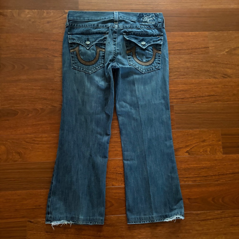True Religion Mens Joey Bootcut Jeans 36 Blue Leather Horseshoe Distressed USA